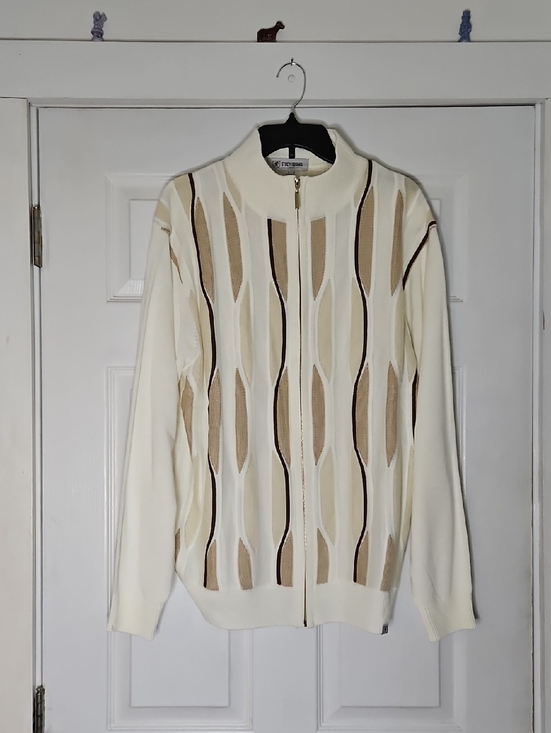 Stacy Adams Other - Stacy Adams Cream Knit Zip Sweater with Brown Accent